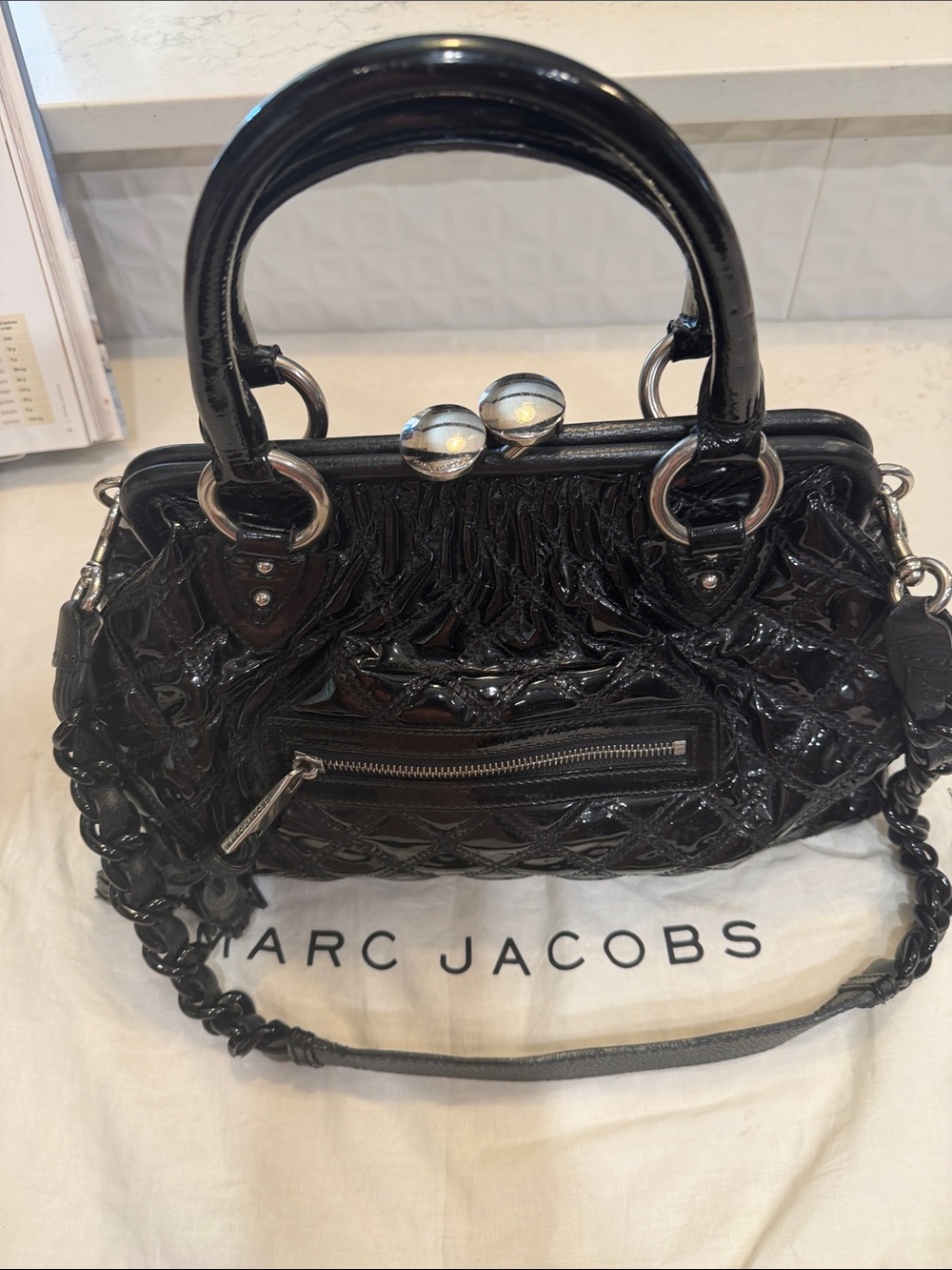 Marc Jacobs Quilted Black Patent IT Bag Handbag Shoulder Satchel Silver Hardware